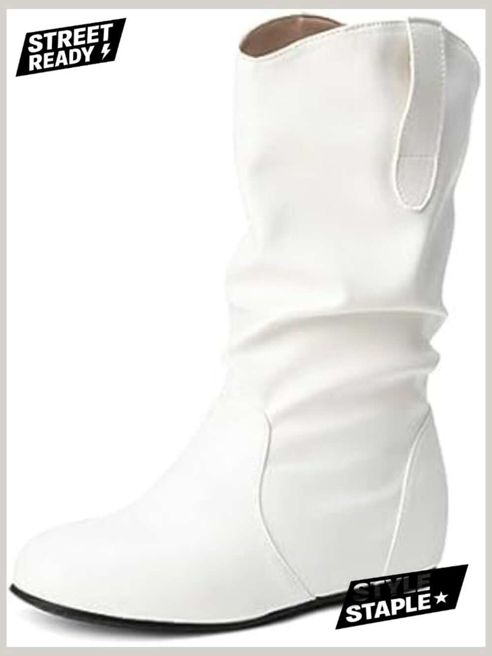 Knee High Slouchy Wide Calf Boots Flat Heel Faux Leather Pull On Cowgirl Boot